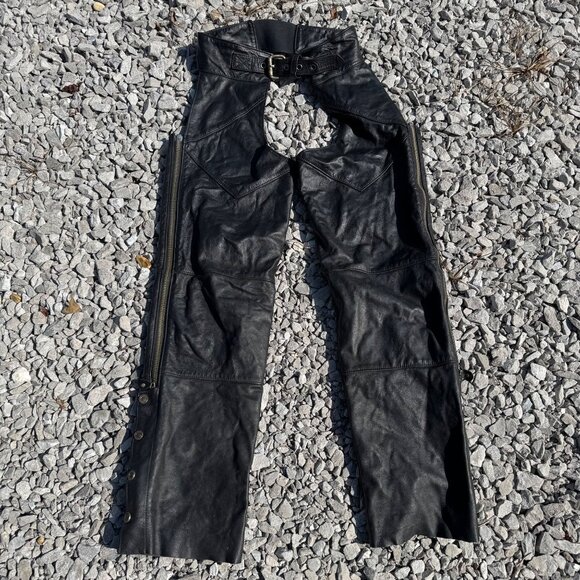 Harley-Davidson Black Leather Chaps Mens Size L Adjustable Waist Zipper Closure - Picture 1 of 8